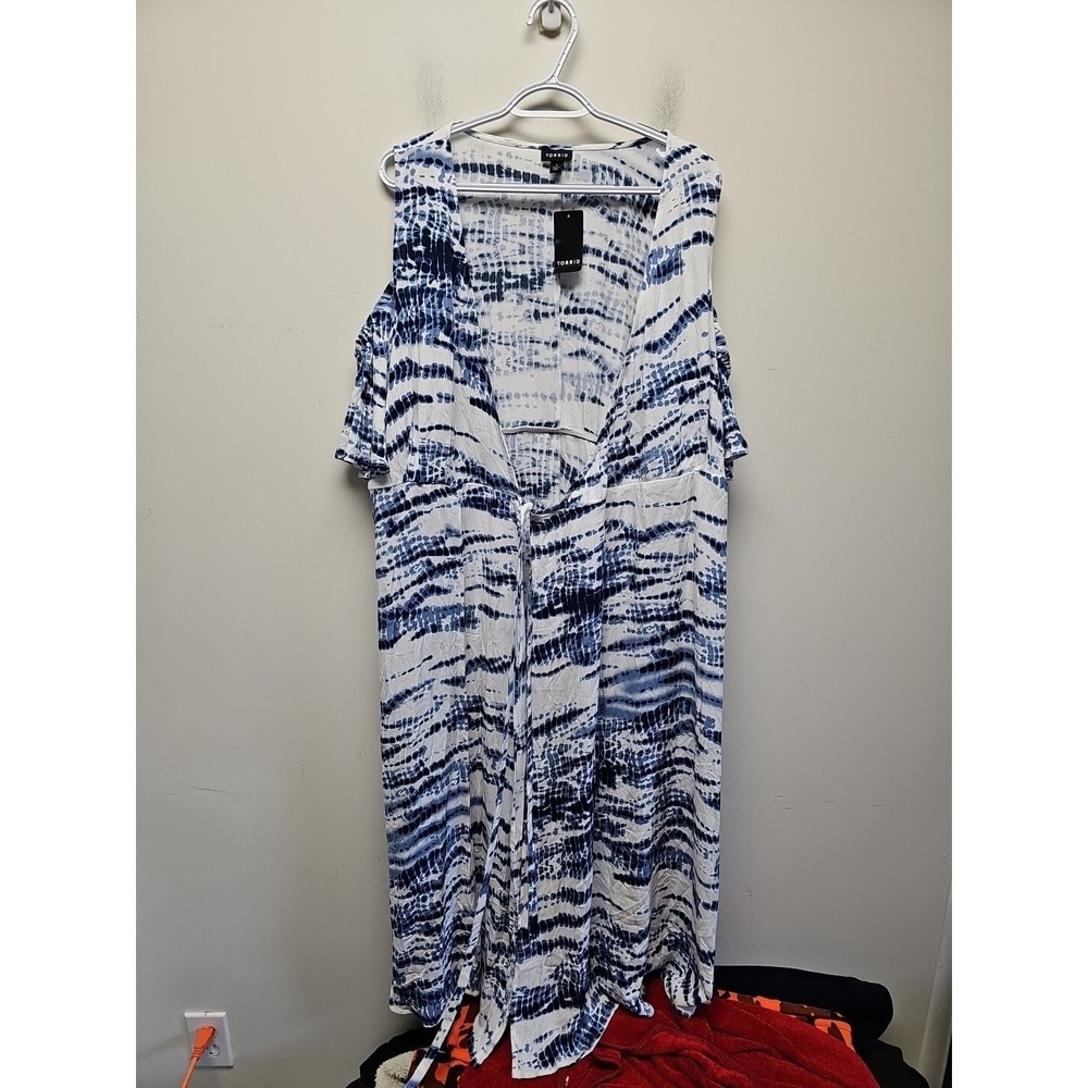 Torrid Dress Size 1 14/16 Blue Tie Dye Gauze Faux Wrap Midi Cold‎ Shoulder New